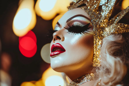Close up portrait of beautiful young woman in carnival mask with red lipsの素材