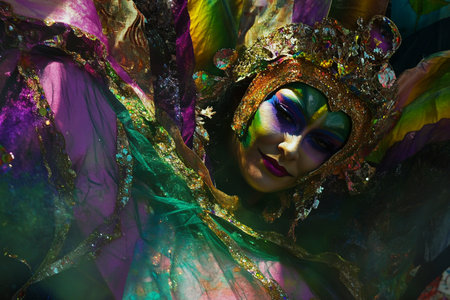 Portrait of a beautiful woman with carnival make-up and maskの素材