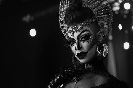 Portrait of a beautiful girl in a carnival mask on a black backgroundの素材