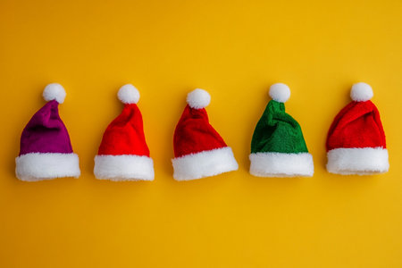 Santa Claus hats on yellow background. Christmas and New Year concept.の素材