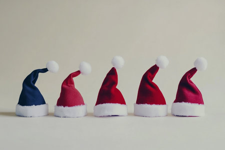 Santa Claus hats on a white background. Christmas and New Year concept.の素材
