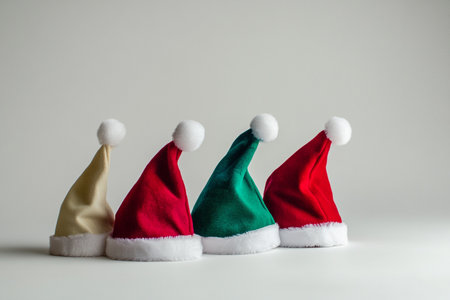 Santa Claus hats on white background. Christmas and New Year concept.の素材