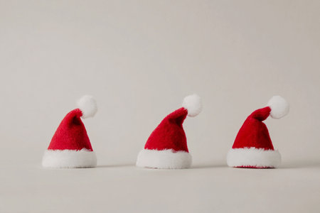 Three red Santa Claus hats on a white background with space for textの素材