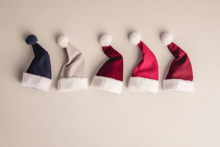 Christmas hats on a white background. Flat lay, top view.の素材