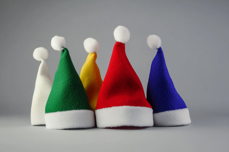 Colorful Christmas hats isolated on a white background with copy space.の素材