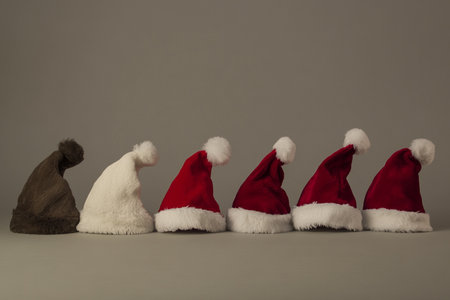 Santa Claus hats on gray background. Christmas and New Year concept.の素材