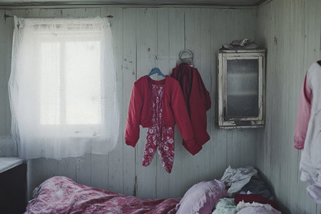 Women's pajamas on hangers in a rustic roomの素材