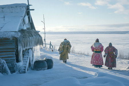 People in Russian traditional clothes on the background of the winter landscapeの素材