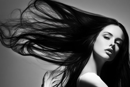 Black and white portrait of beautiful young woman with flying hair. Studio shot.の素材