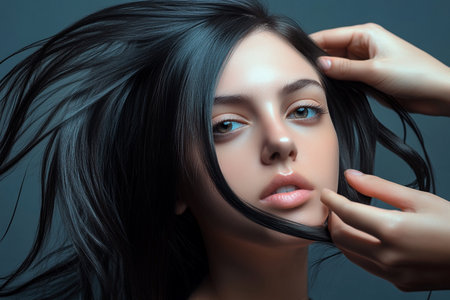 Portrait of a beautiful young woman with long black hair. Beauty, fashion.の素材