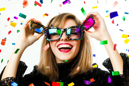 Happy young woman with party glasses and confetti on white background.の素材