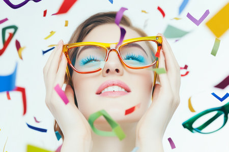 Portrait of beautiful young woman with colorful confetti and eyeglassesの素材