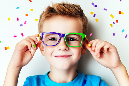 Portrait of a cute little boy in eyeglasses on a white background.の素材
