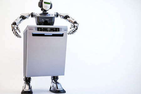 Robot with washing machine on white background. Artificial intelligence concept.の素材