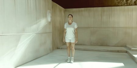 Young woman in a white T-shirt and shorts goes to the light on the streetの素材