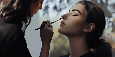 Makeup artist applying makeup on a beautiful young woman face.の素材