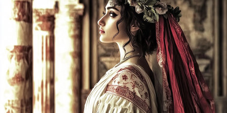 Beautiful young woman in a medieval costume. Portrait of a beautiful woman in the interior.の素材