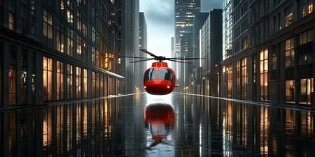 Helicopter in the city. 3D rendering. 3D illustration.の素材
