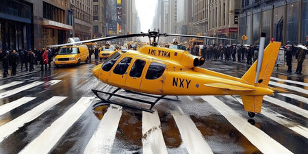 Helicopter taxiing through Times Square in New York City. The New York City is the most populous city in the United States.の素材