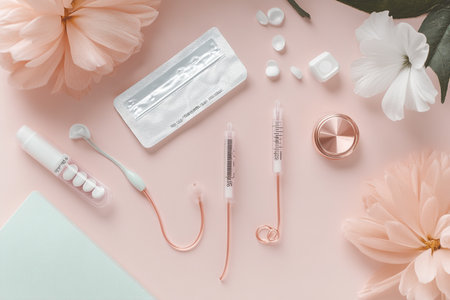 Flat lay of hygienic products and flowers on pink backgroundの素材