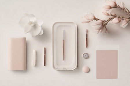 Flat lay, top view feminine workspace with copy space. Feminine workspace, feminine blog or social media mockup.の素材