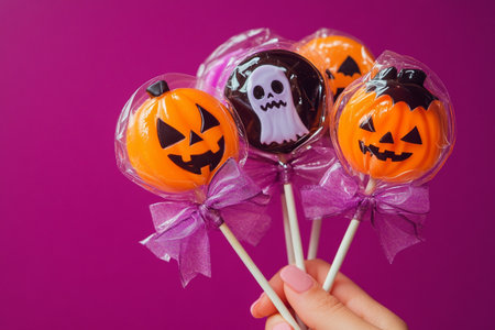 Halloween candies in woman hand on purple background. Close up.の素材