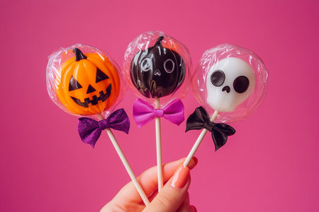Halloween candies in hand on a pink background. Studio shot.の素材