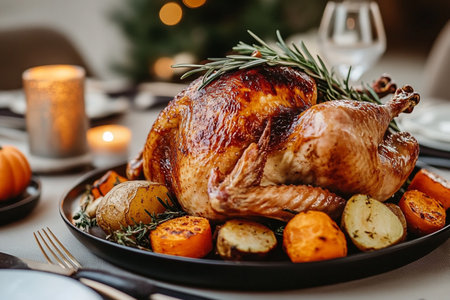 Baked turkey with baked potatoes and rosemary on a festive tableの素材