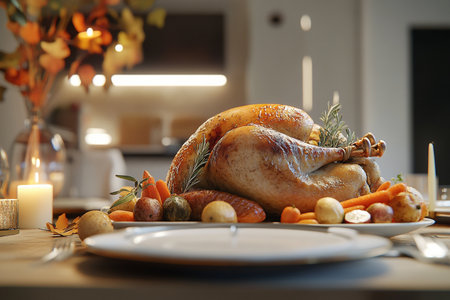 Tasty roasted turkey with vegetables on table in kitchen, closeupの素材