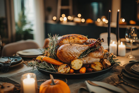 Thanksgiving dinner. Roasted turkey or chicken with baked potatoes, carrots and rosemary on festive table.の素材