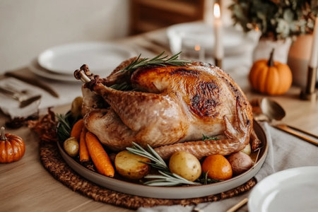 roasted turkey with potatoes, carrots and rosemary on festive tableの素材