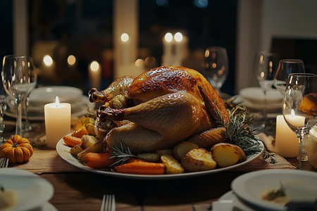 Roasted chicken with potatoes and vegetables on the festive table. Thanksgiving dinner.の素材