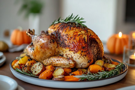 Roasted whole chicken with baked potatoes, carrots and rosemary on a plateの素材