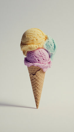 Ice cream scoops of different colors in a waffle cone.の素材