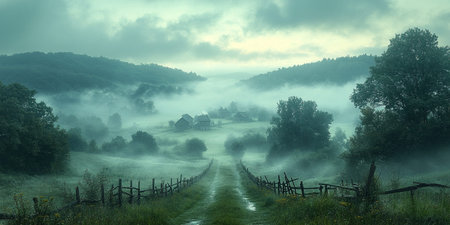 Foggy morning in the Carpathian mountains, Ukraine.の素材