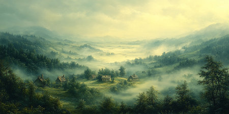 Foggy summer landscape in Carpathian mountains, Ukraine.の素材