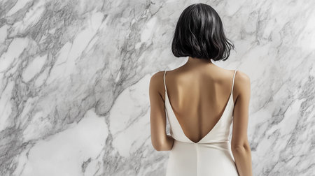 Back view of beautiful young woman in white dress posing backgroundの素材