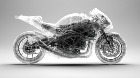 3D rendering of a chopper motorcycle with neon lights on the backgroundの素材