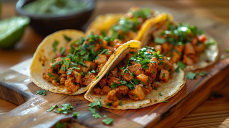 Mexican tacos with meat and vegetables on wooden board. closeupの素材