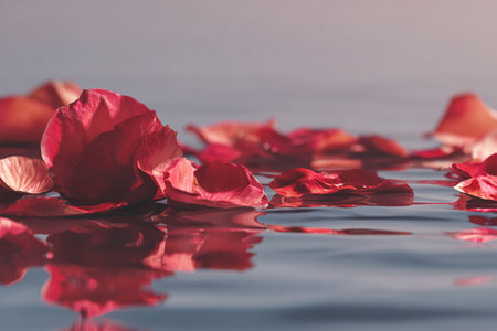 Red rose petals on the water surface with copy space for textの素材