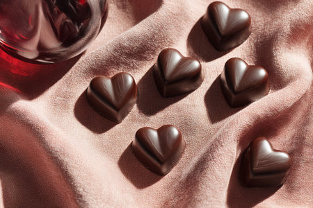 Chocolates in the shape of a heart on a pink backgroundの素材
