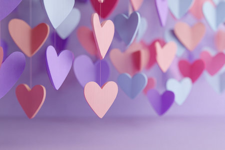 Colorful paper hearts on purple background. Valentines day concept.の素材
