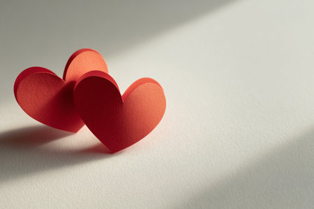 Two red paper hearts on white background. Valentines day concept.の素材
