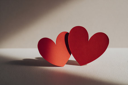 Two red paper hearts on white background. Valentine's day concept.の素材