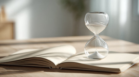 Hourglass and open book on wooden table, closeup. Time management conceptの素材