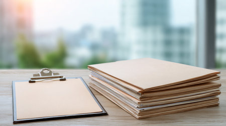Blank paper on wooden table with office building background. Mock upの素材