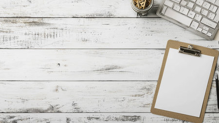 Office desk table with supplies. Top view with copy space. Flat layの素材