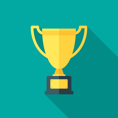 Champion cup icon with long shadow. Flat design style. Trophy silhouette. Simple icon. Modern flat icon in stylish colors. Web site page and mobile app design element.のイラスト素材