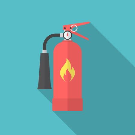 Fire extinguisher icon with long shadow. Flat design style. Extinguisher silhouette. Simple icon. Modern flat icon in stylish colors. Web site page and mobile app design vector element.のイラスト素材
