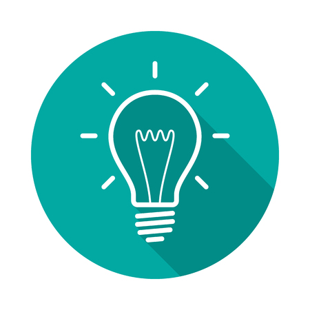 Light bulb circle icon with long shadow. Flat design style. Light bulb simple silhouette. Modern, minimalist, round icon in stylish colors. Web site page and mobile app design vector element.のイラスト素材